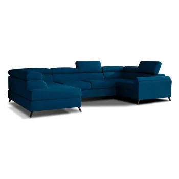 Coltar albastru extensibil/cu spatiu de depozitare cu tapiterie din catifea (cu colt pe partea dreapta/in forma de 