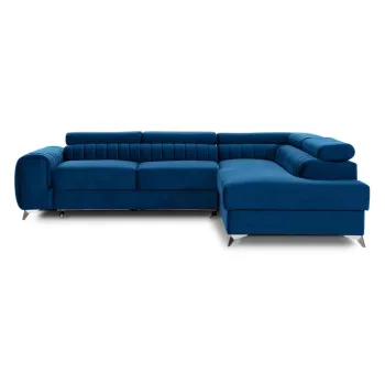 Coltar albastru extensibil/cu spatiu de depozitare cu tapiterie din catifea (cu colt pe partea stanga/in forma de 