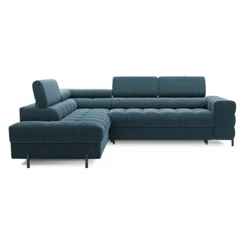 Coltar albastru extensibil/cu spatiu de depozitare cu tapiterie din chenille (cu colt pe partea dreapta/in forma de 