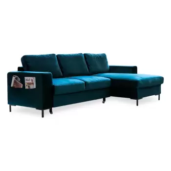 Coltar extensibil din catifea cu sezlong pe partea dreapta Miuform Lofty Lilly, albastru petrol imagine