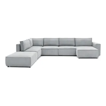 Coltar gri deschis cu tapiterie din catifea reiata (cu colt pe partea dreapta/in forma de 