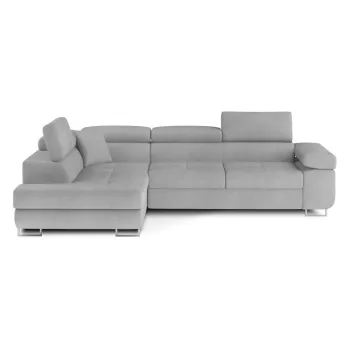 Coltar gri deschis extensibil/cu spatiu de depozitare cu tapiterie din catifea (cu colt pe partea dreapta/in forma de 