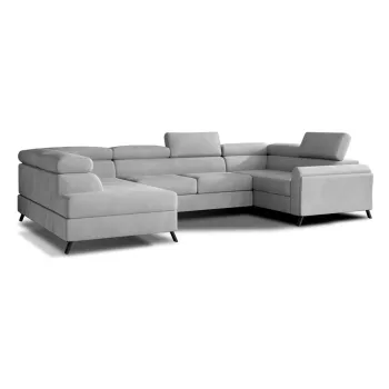 Coltar gri deschis extensibil/cu spatiu de depozitare cu tapiterie din catifea (cu colt pe partea dreapta/in forma de 