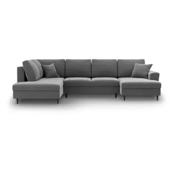 Coltar gri deschis extensibil, cu spatiu de depozitare cu tapiterie din catifea (cu colt pe partea dreapta-in forma de 