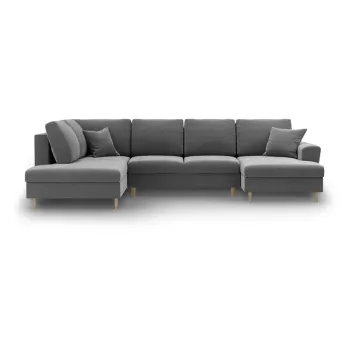 Coltar gri deschis extensibil, cu spatiu de depozitare cu tapiterie din catifea (cu colt pe partea dreapta-in forma de 