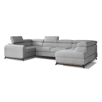 Coltar gri deschis extensibil/cu spatiu de depozitare cu tapiterie din catifea (cu colt pe partea stanga/in forma de 