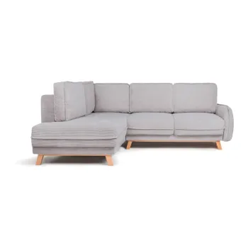 Coltar gri deschis extensibil/cu spatiu de depozitare cu tapiterie din catifea reiata (cu colt pe partea dreapta/in forma de 