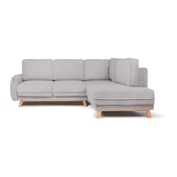 Coltar gri deschis extensibil/cu spatiu de depozitare cu tapiterie din catifea reiata (cu colt pe partea stanga/in forma de 