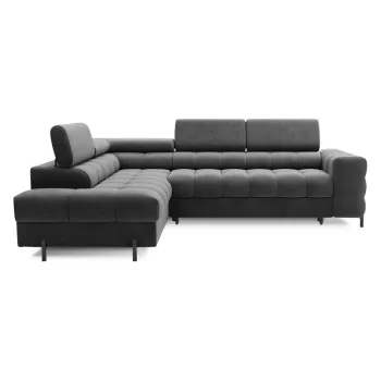 Coltar gri inchis extensibil/cu spatiu de depozitare cu tapiterie din catifea (cu colt pe partea dreapta/in forma de 