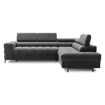 Coltar gri inchis extensibil/cu spatiu de depozitare cu tapiterie din catifea (cu colt pe partea stanga/in forma de 