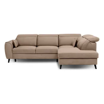 Coltar maro deschis extensibil/cu spatiu de depozitare cu tapiterie din catifea (cu colt pe partea stanga/in forma de 