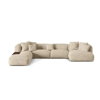 Coltar modular bej/crem cu tapiterie din tesatura boucle (cu colt pe partea dreapta/in forma de 