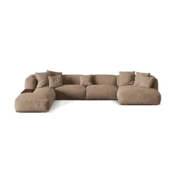 Coltar modular maro deschis cu tapiterie din tesatura boucle (cu colt pe partea dreapta/in forma de 