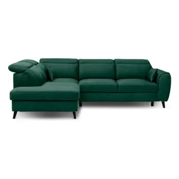 Coltar verde extensibil/cu spatiu de depozitare cu tapiterie din catifea (cu colt pe partea dreapta/in forma de 