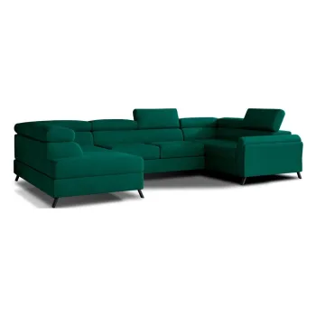 Coltar verde extensibil/cu spatiu de depozitare cu tapiterie din catifea (cu colt pe partea dreapta/in forma de 