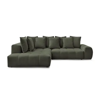 Coltar verde extensibil/cu spatiu de depozitare cu tapiterie din chenille (cu colt pe partea dreapta/in forma de 