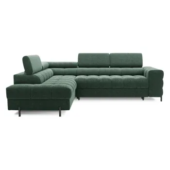 Coltar verde extensibil/cu spatiu de depozitare cu tapiterie din chenille (cu colt pe partea dreapta/in forma de 