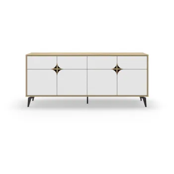 Comoda alba/in culoare naturala joasa cu aspect de lemn de stejar 185x79 cm Nola - Marckeric imagine