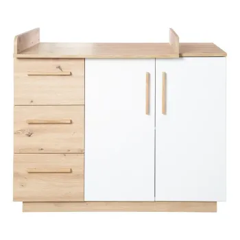 Comoda de copii alba/in culoare naturala cu aspect de lemn de stejar cu masa de schimbat 118x103x79 cm Lion - Roba imagine