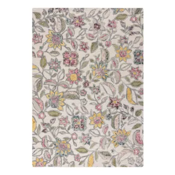 Covor crem tesut manual din lana 160x230 cm Tania Floral - Flair Rugs imagine