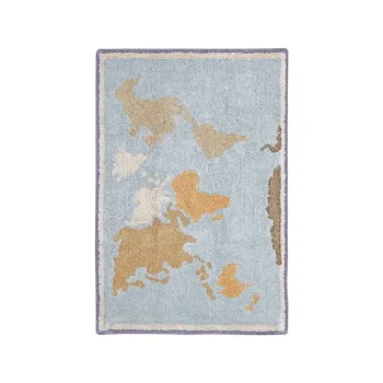 Covor de joaca pentru copii albastru-bej, lavabil, tesut manual din bumbac 70x100 cm Mini Worldmap - Lorena Canals imagine
