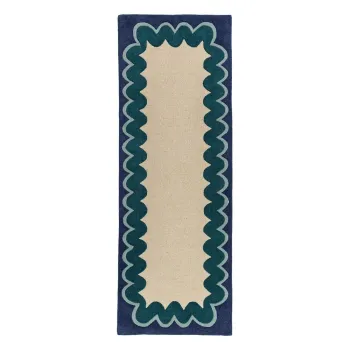 Covor tip traversa in culoare naturala/albastru-verde tesut manual din lana 80x230 cm Wiggle Wool - Flair Rugs imagine