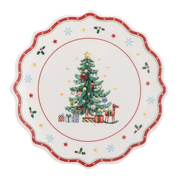Farfurie rosie-crem pentru servire din ceramica o 17 cm, cu model de Craciun Naive - Bloomingville imagine