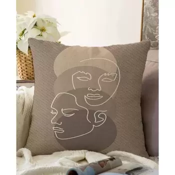 Fata de perna din amestec de bumbac Minimalist Cushion Covers Faces, 55 x 55 cm, bej imagine