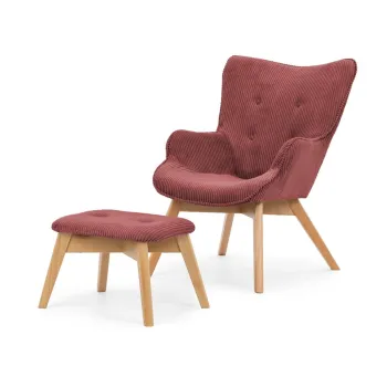 Fotoliu cu taburet rosu cu tapiterie din catifea reiata Niko - Ropez imagine