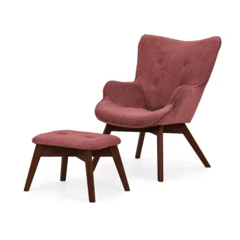 Fotoliu cu taburet rosu cu tapiterie din catifea reiata Niko - Ropez imagine