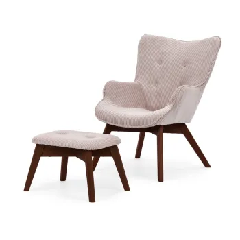 Fotoliu cu taburet roz deschis cu tapiterie din catifea reiata Niko - Ropez imagine