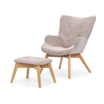 Fotoliu cu taburet roz deschis cu tapiterie din catifea reiata Niko - Ropez imagine