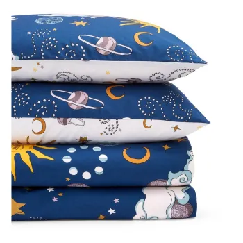 Lenjerie de pat alba/albastra din bumbac pentru pat dublu/extinsa 230x220 cm Disco Space - Their Nibs imagine