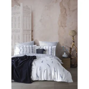 Lenjerie de pat alba/albastra din bumbac satinat pentru pat dublu/extinsa 240x220 cm Marseille Floral - Mila Home Luxury imagine