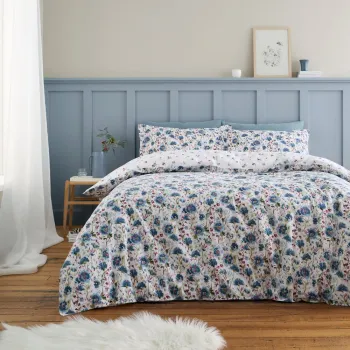 Lenjerie de pat alba/albastra din flanela pentru pat dublu 200x200 cm Ophelia Floral - Bianca imagine