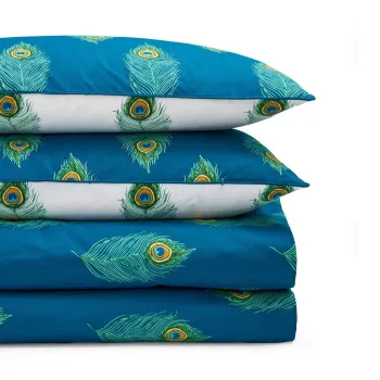 Lenjerie de pat alba/albastru-verde din bumbac pentru pat dublu/extinsa 230x220 cm Peacock Feather - Their Nibs imagine