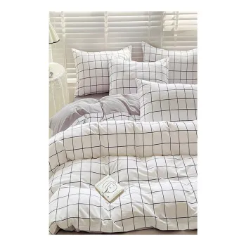 Lenjerie de pat alba/gri din bumbac ranforce pentru pat de o persoana/extinsa cu cearceaf inclus/cu 3 piese 160x220 cm Checkered - Mila Home imagine