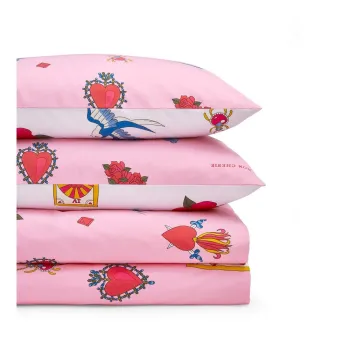 Lenjerie de pat alba/roz din bumbac pentru pat de o persoana 135x200 cm Mon Coeur - Their Nibs imagine