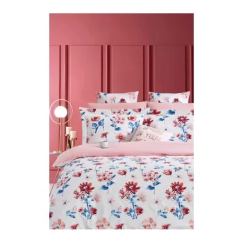 Lenjerie de pat alba/roz din bumbac ranforce pentru pat dublu/extinsa cu cearceaf inclus/cu 4 piese 200x220 cm - Mila Home imagine