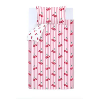 Lenjerie de pat alba/roz pentru pat de o persoana 135x200 cm Disco Cherries Stripes - Catherine Lansfield imagine