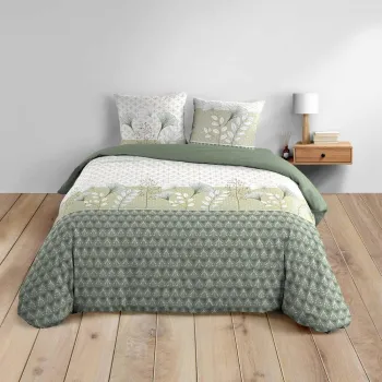 Lenjerie de pat alba/verde din bumbac pentru pat dublu/extinsa 240x220 cm Poetine - douceur d'interieur imagine