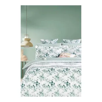Lenjerie de pat alba/verde din bumbac ranforce pentru pat dublu/extinsa cu cearceaf inclus/cu 4 piese 200x220 cm - Mila Home imagine