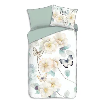 Lenjerie de pat alba/verde din bumbac satinat pentru pat de o persoana/extinsa 140x220 cm Adiwanya - Descanso imagine