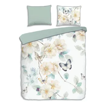 Lenjerie de pat alba/verde din bumbac satinat pentru pat dublu/extinsa 200x220 cm Adiwanya - Descanso imagine