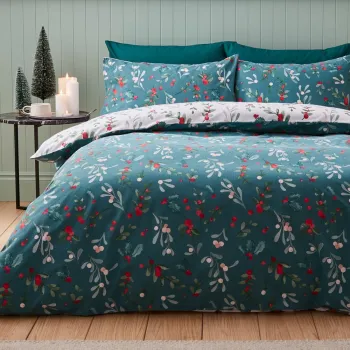 Lenjerie de pat alba/verde din flanela pentru pat dublu 200x200 cm Holly and Mistletoe - Catherine Lansfield imagine