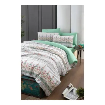 Lenjerie de pat alba/verde pentru pat dublu/extinsa cu cearceaf inclus/cu 4 piese 200x220 cm Ethnic - Mila Home imagine