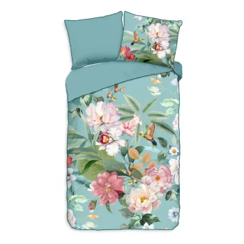 Lenjerie de pat albastra din bumbac satinat pentru pat de o persoana/extinsa 140x220 cm Fungi - Descanso imagine