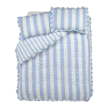 Lenjerie de pat albastra pentru pat dublu 200x200 cm Seersucker Frill Stripe - Catherine Lansfield imagine