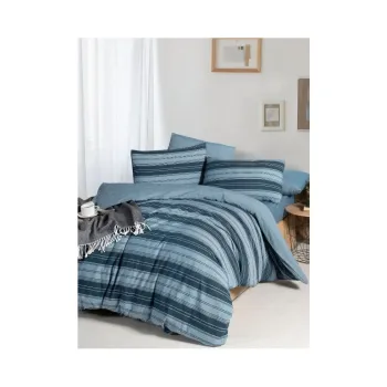 Lenjerie de pat albastra pentru pat dublu/extinsa cu cearceaf inclus/cu 4 piese 200x220 cm Stripes - Mila Home imagine