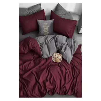 Lenjerie de pat burgundy/gri din bumbac pentru pat dublu/extins si cearceaf 200x220 cm - Mila Home imagine